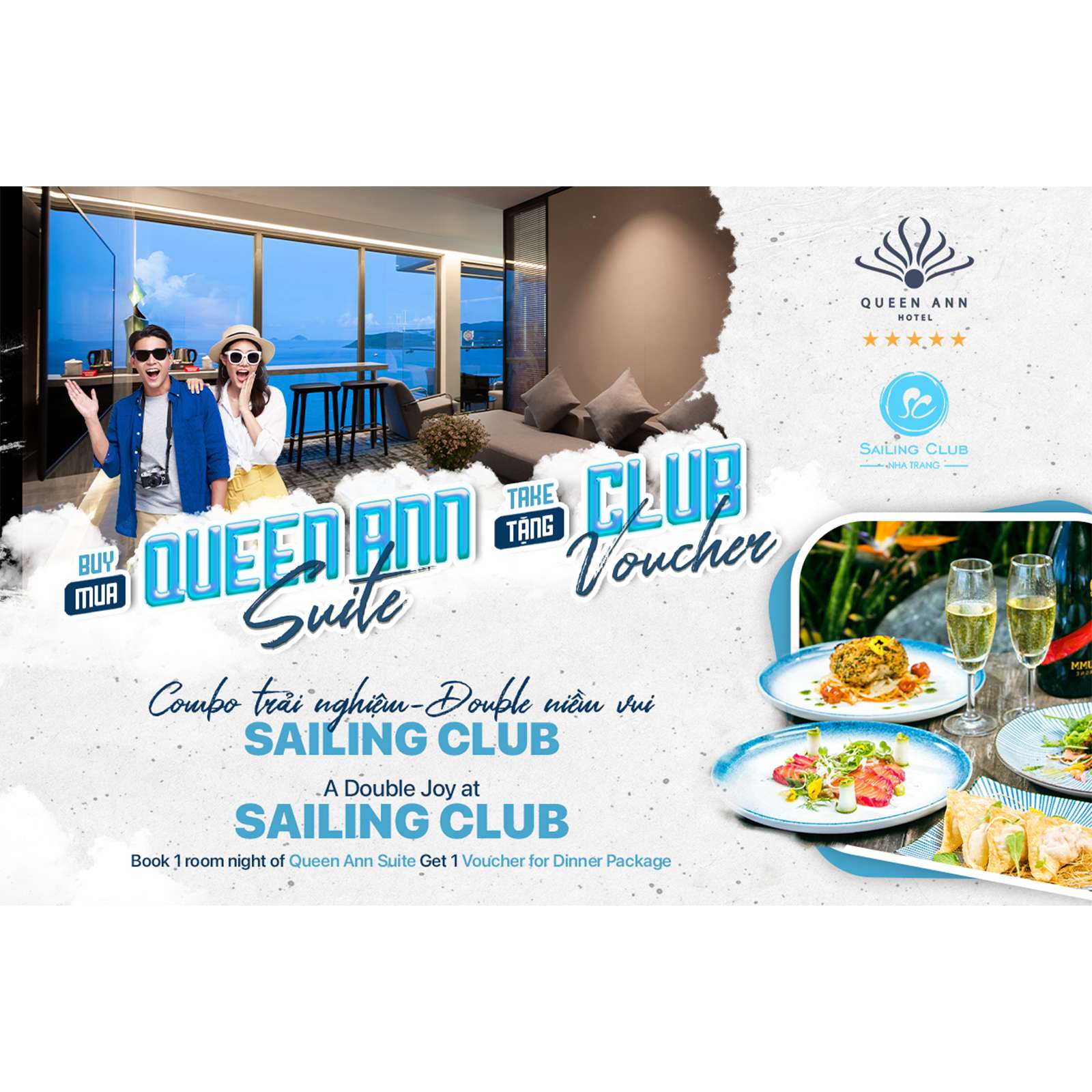 프리미엄 Queen Ann Suite에서 1박하고 호화로운 저녁 식사를 위한 Sailing Club 바우처를 받으세요.